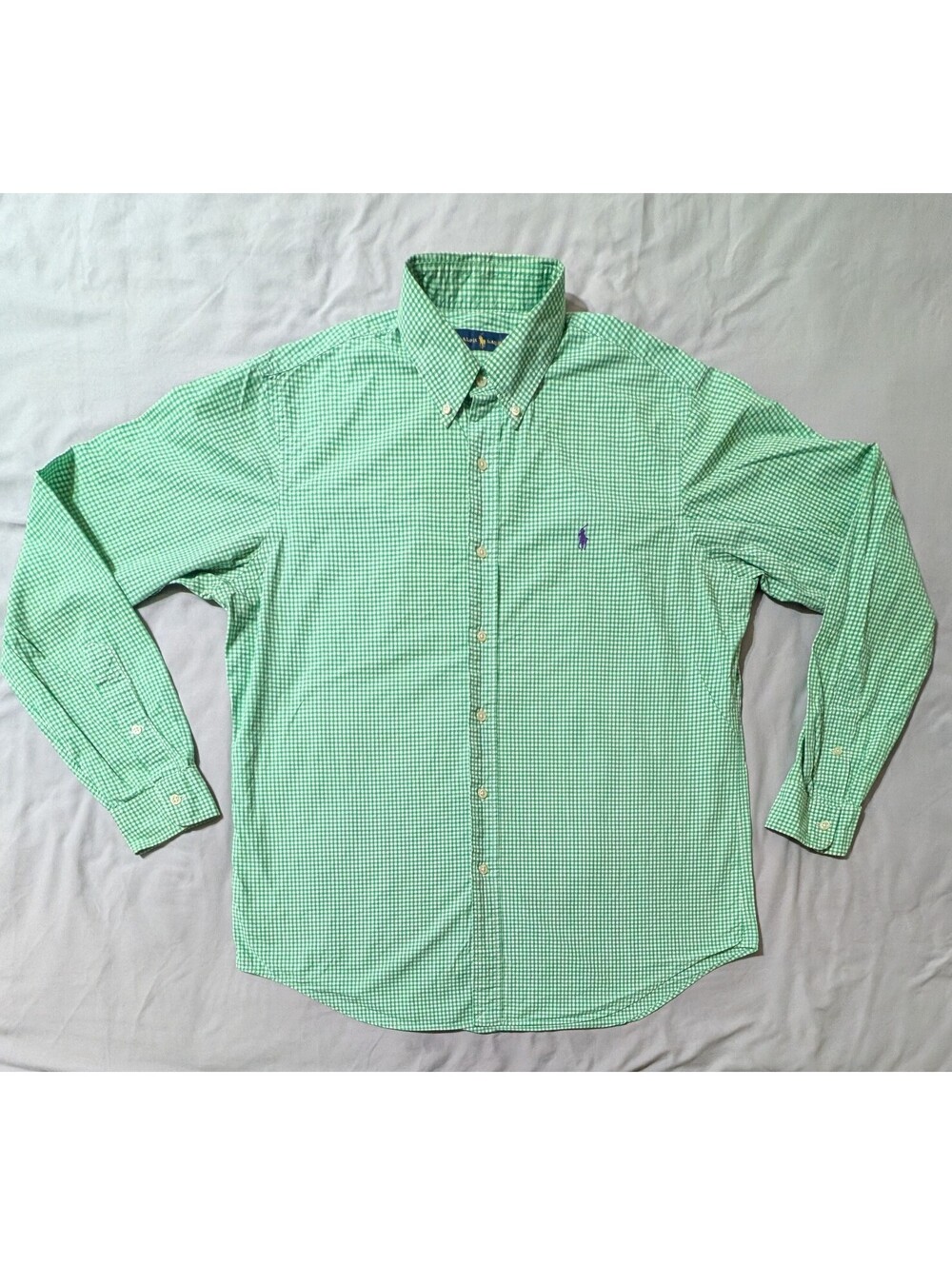 Polo Ralph Lauren Men's Large Green White Gingham Button Down Shirt Purple Pony